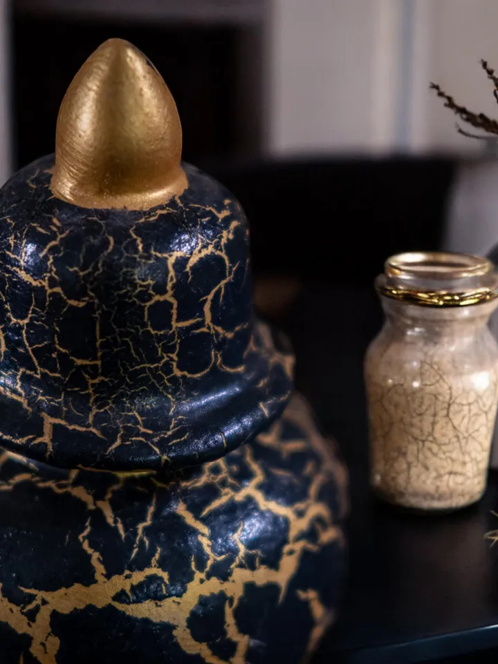 Set of 3 Black and Gold Jars with Crackle Finish – 3 Sizes, Decorative Jar Set in Black and Gold with Crackle Design