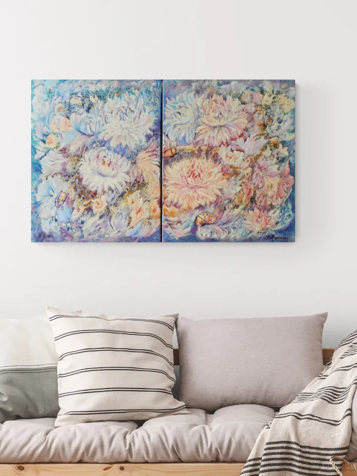 Floral abstract oil painting on canvas, Dipthych