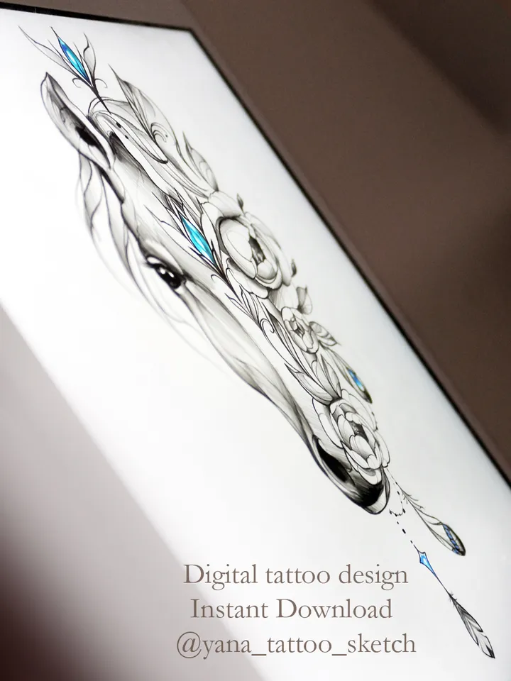 Horse Tattoo Design Horse Tattoo Idea For Females Horse Flowers Tattoo Stencil Sketch, Instant download PDF, JPG