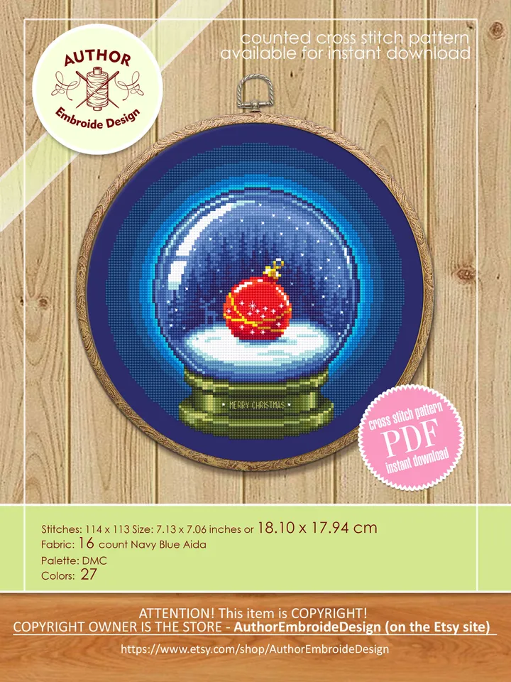 Merry Christmas cross stitch pattern download PDF Snow ball cross stitch, Winter holiday embroidery PDF, Christmas ball beginner stitch #N60