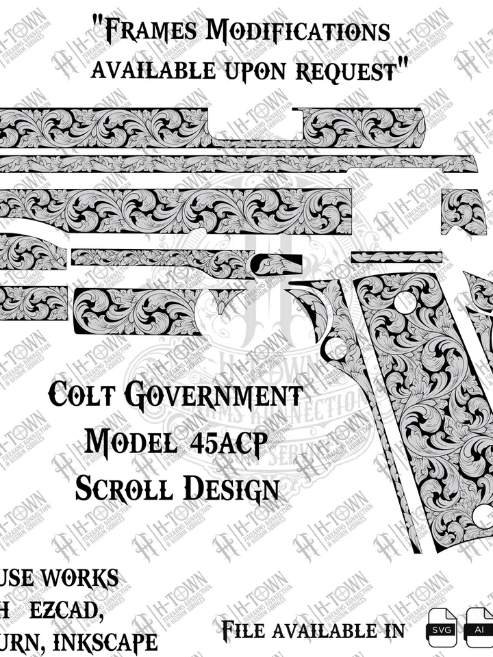 Colt 1911 Government model .45 Scroll Engraving | Full Slide Vector Design | Laser Ready Svg PNG EPS AI | Custom Pistol Art