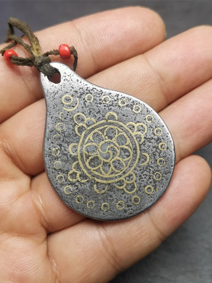 Gandhanra Handmade Tibetan Buddhism Amulet, Dharmachakra Symbol,Prayer Wheel of Dharma, Made of Cold Iron,1.85" × 1.42"