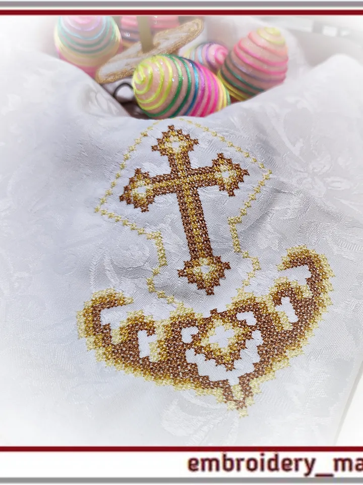 Easter Embroidery Design – Christian Cross border, corner vintage French Cross Stitch