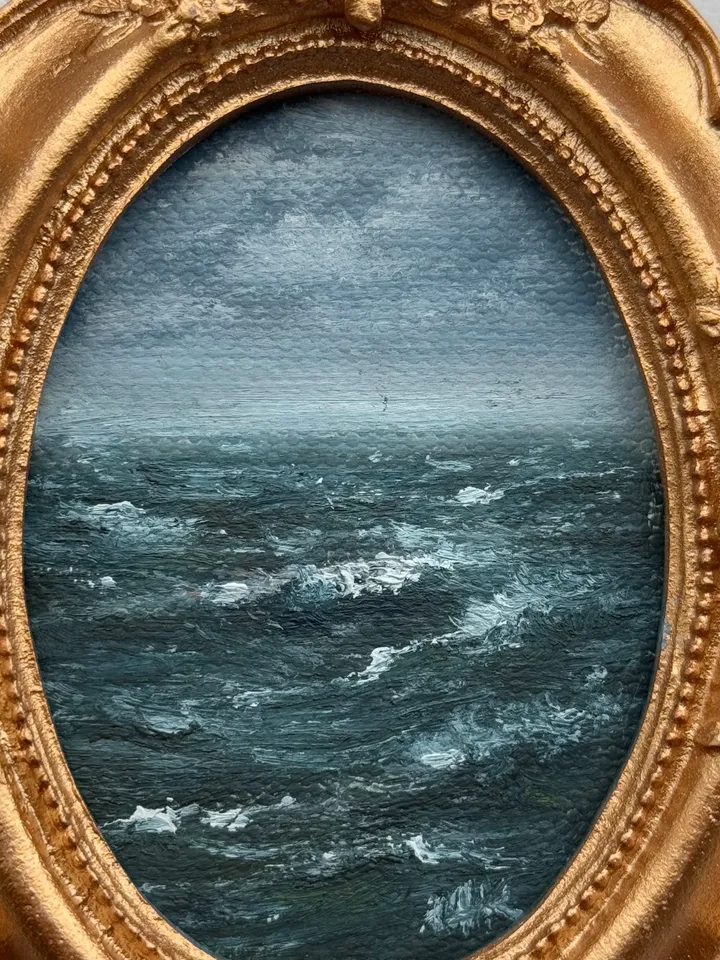 Ocean Landscape Oil Painting Original In Vintage Style Frame Small Framed Oval Painting Art Renaissance Antique Seascape Painting