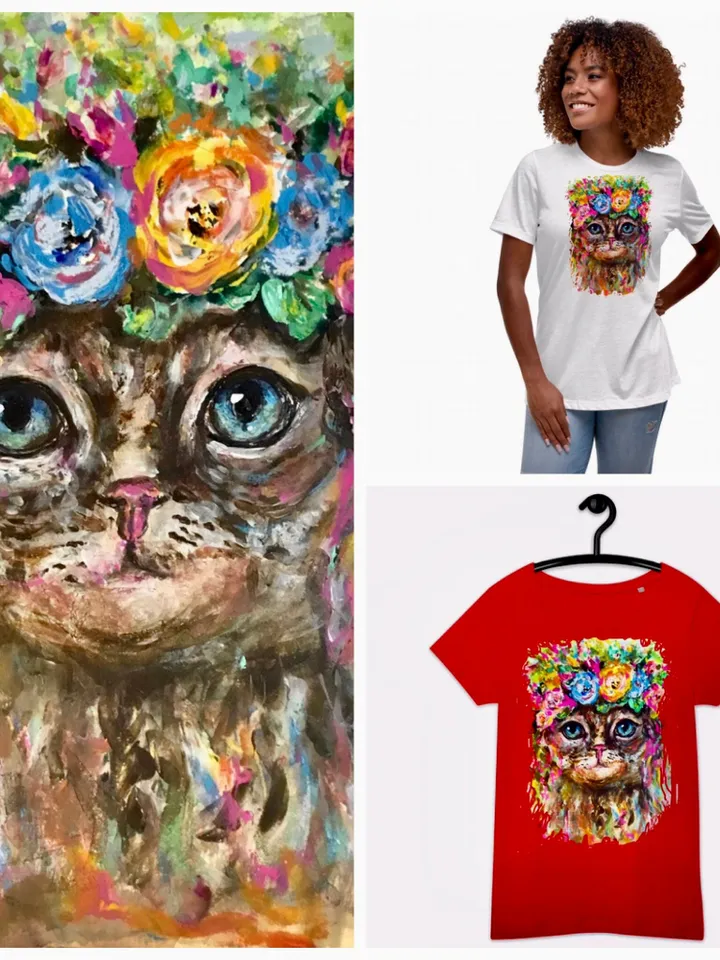 Cat in flowers Women's Relaxed T-Shirt made with my original watercolour mix media painting