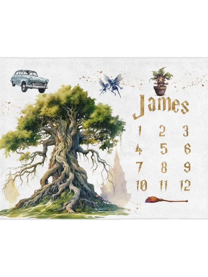 Wizarding World Milestone Baby Blanket; Magic School Baby Blanket Owl Key Magic World Custom Wizard Blanket Gift for Baby Blanket WBB12