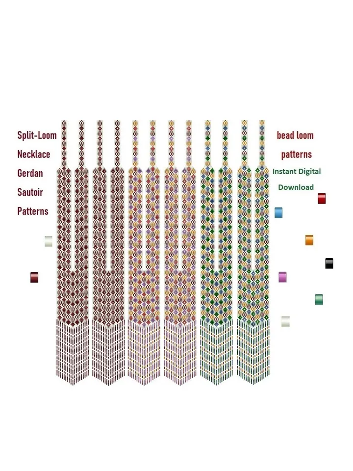 Sautoir-Gerdan-Split-Loom Beaded Necklace, Beading Loom Stitch, Square Stitch, 6 loom patterns, Instant Download, PDF