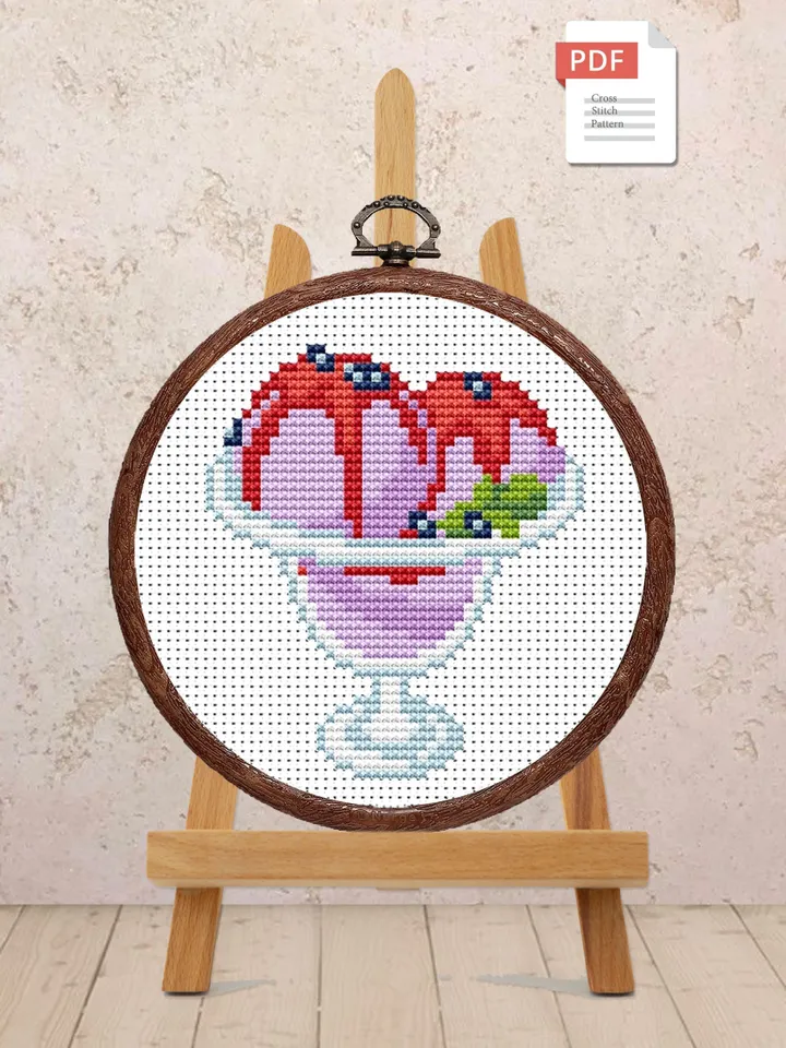 Purple Ice Cream Balls Cross Stitch Pattern, Kitchen Cross Stitch, Embroidery Ice Cream, Dessert Cross Stitch, Modern Cross Stitch #kt021