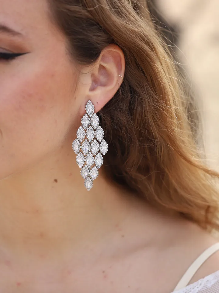Long Swarovski Crystal Wedding Earrings, Cubic Zirconia Wedding Jewelry, Vintage CZ Wedding Earrings, Chandelier Statement Bridal Earrings