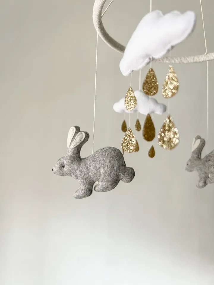 Bunny and Gold moon baby mobile, neutral nursery decor