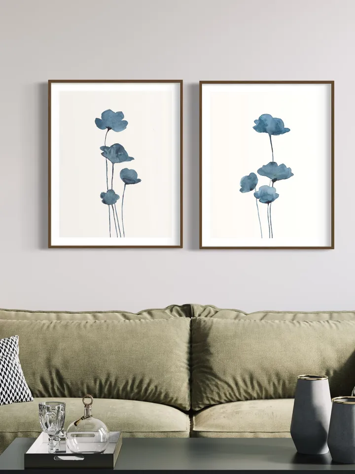Blue Watercolor Flowers Wall Art Abstract Prints Navy Blue Wall Art Indigo Botanical Navy Blue And White Gallery Wall Set Of 2 Art Prints