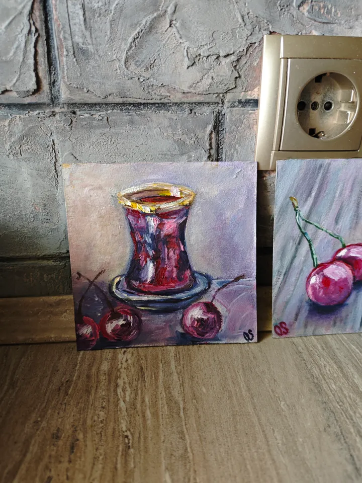 Cherries And Hibiscus Red Tea Original Painting Fruit Original Art Cherries And Glass Red Tea Modern Artwork Bright Cherry Oil Painting Cherry Fruit And Hibiscus Tea Wall Art Decor 5 x 5 inches by OlgaSokolovaArt