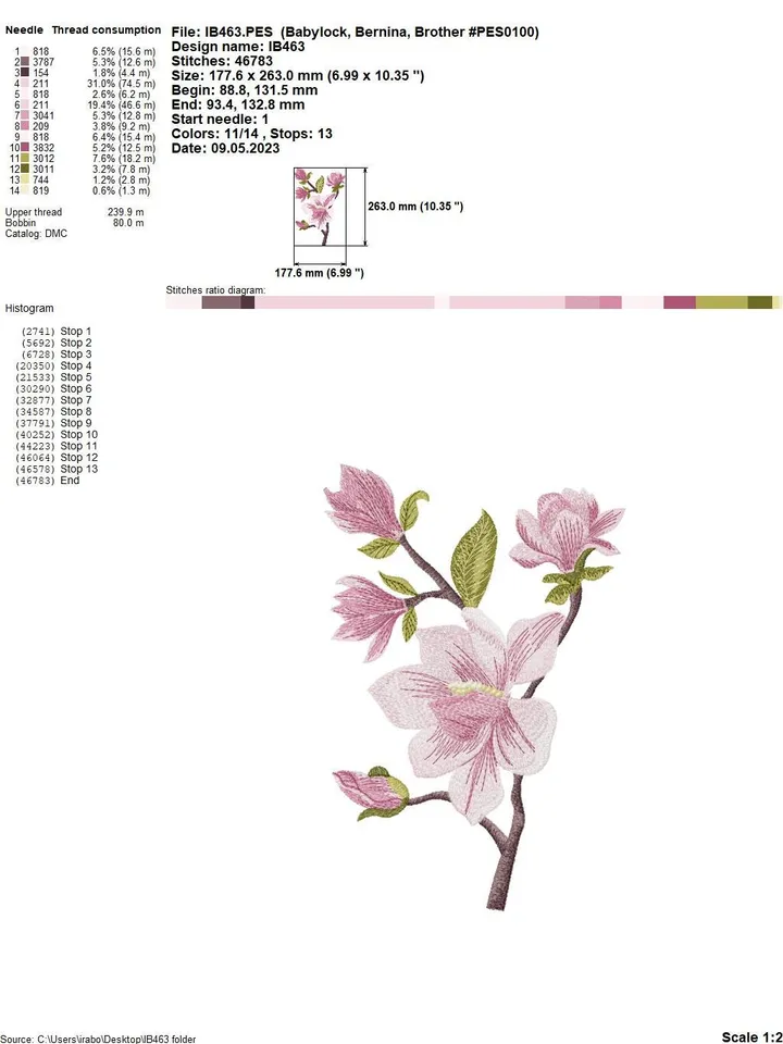 Magnolia twig in the technique of art embroidery machine embroidery design digital embroidery pattern