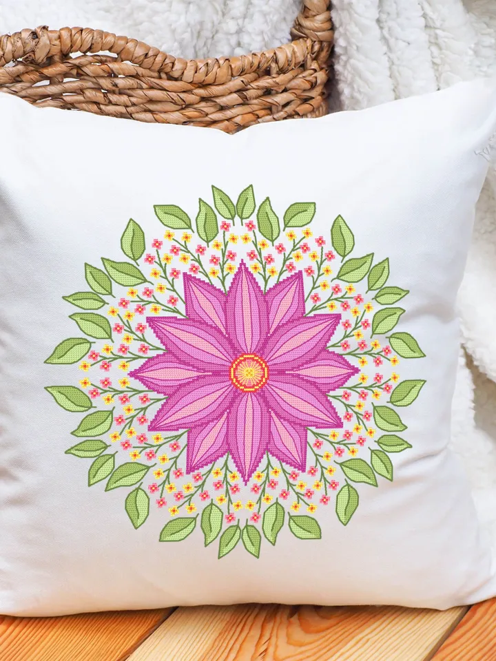 Floral mandala cross stitch pattern PDF download Simple mandala ornament hand embroidery PDF, Spring flowers cross stitch chart #M199