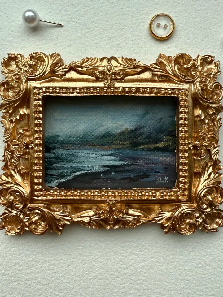 Ocean Landscape Painting Original In Vintage Style Frame Small Framed Museum Style Painting Art Renaissance Antique Seascape Painting Foggy Coast