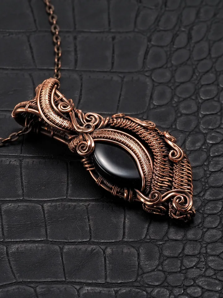 Unique copper wire wrapped pendant this natural Black Onyx Healing wire weave statement necklace for her woman Art
