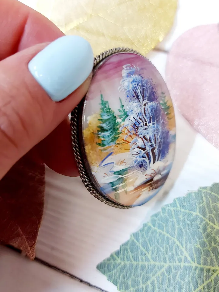 Brooches for women: Lonely solitary tree near snowy river on pearl brooch • aesthetic handmade jewelry • winter cute accessory for girl