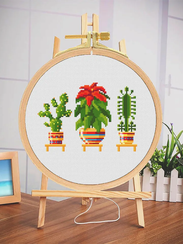 Small home plants cross stitch pattern PDF Floral cross stitch chart, Cactus cross stitch Instant download PDF, Potted plant embroidery #P10