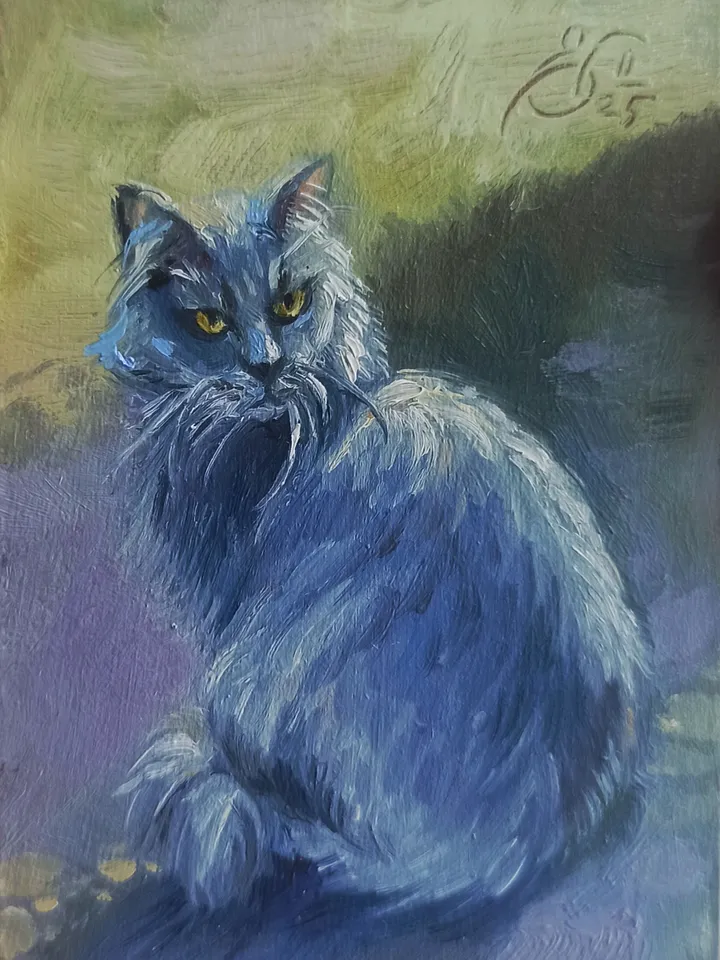 Original ACEO oil painting, Street smoky cat, Miniature collectible painting 2.5x3.5 inches
