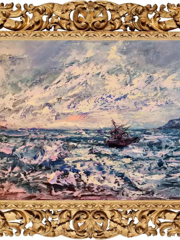 Mountains Sea Ship Ocean Sunset Original Art Oil Painting Artist Svinar Oksana