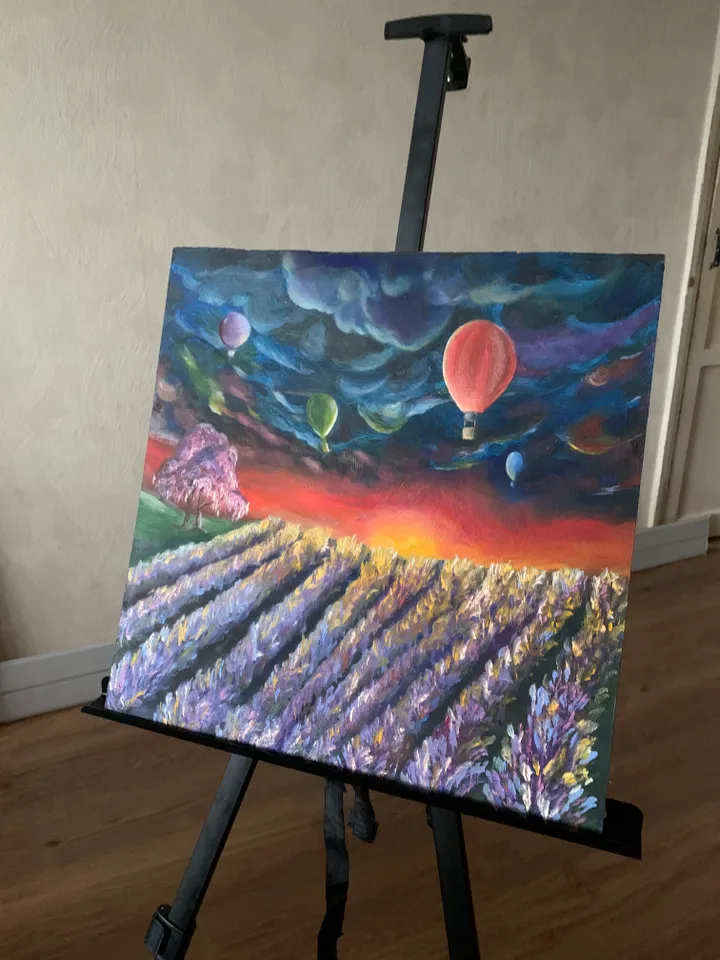 Lavender field balloons sunset bright picture in the interior original oil painting