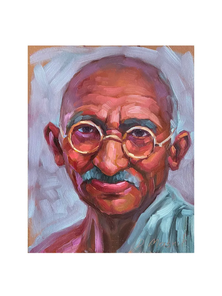 Mahatma Gandhi Painting Oid Man Portrait Artwork Oil On Panel Male Portrait