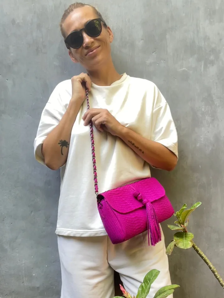 Genuine Python Skin Clutch with tassel |women purse | exotic leather bags | hot pink evening clutch | designer crossbody bag handmade