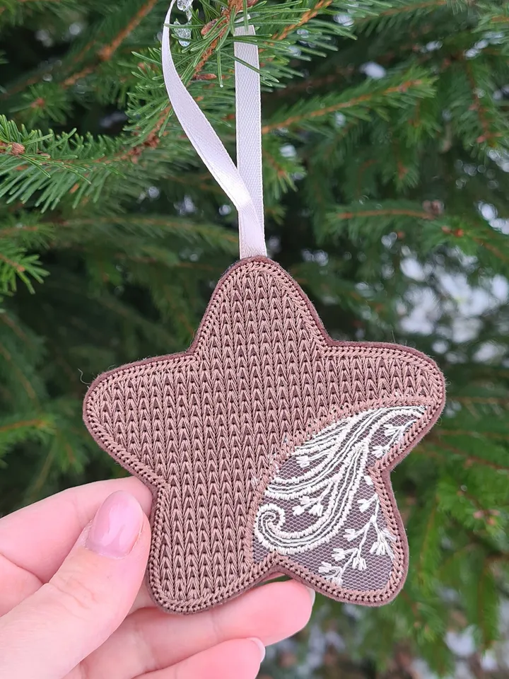 New Year's set of designs of six Christmas tree decorations and a gift box.