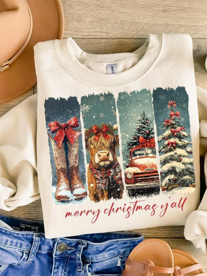Merry Christmas Yall Vintage small town christmas PNG, Cowgirl Png, Small town girl PNG, highland cow Christmas png, Christmas western