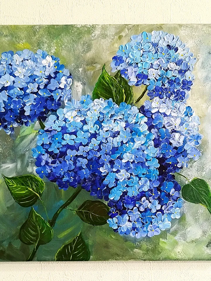 Blue Hydrangea Painting Art Impasto Flowers Artwork