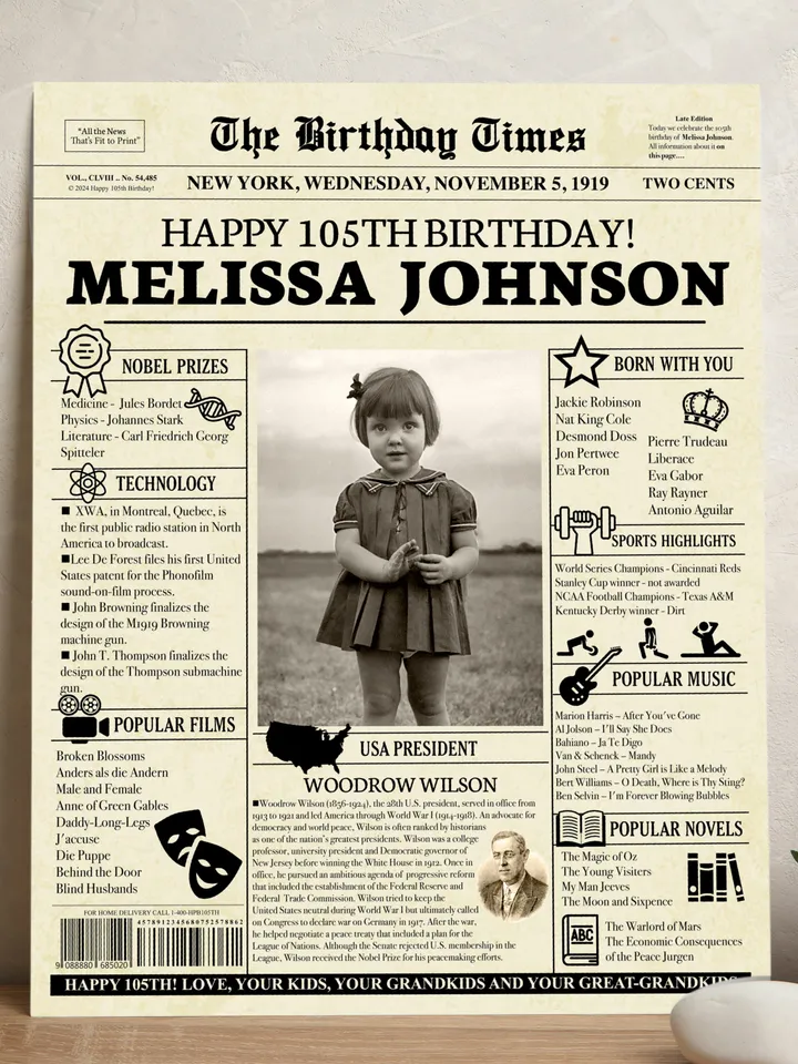 105th birthday, birthday gift for grandma or grandpa, grandma birthday gift, 105th birthday newspaper, 1919 birthday ideas, back in 1919