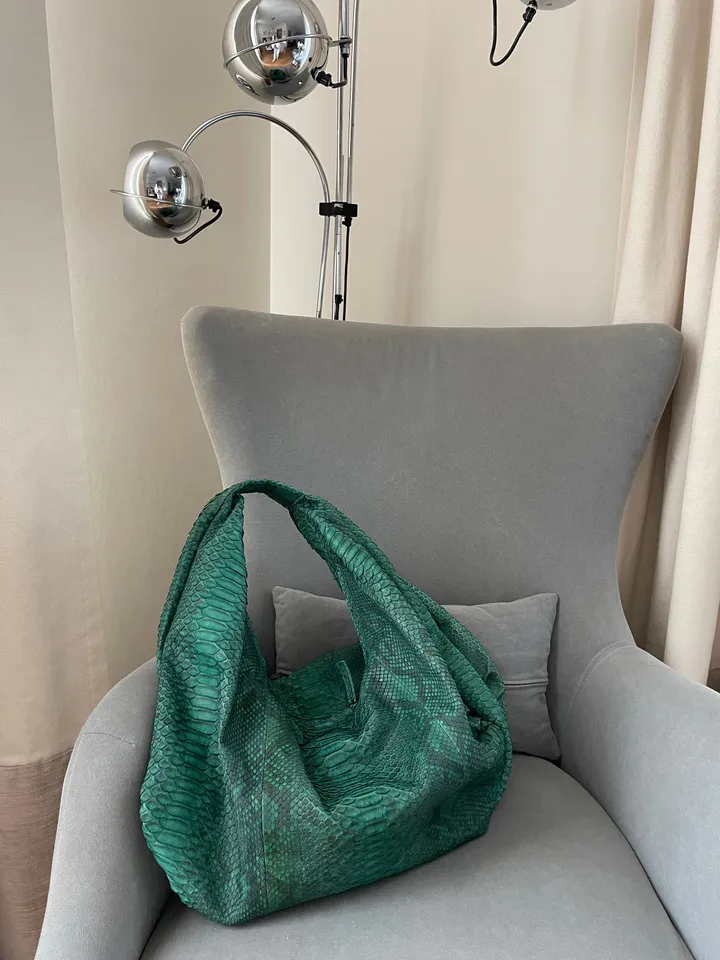 Big Soft Hobo Classy Sport Woman Bag | Purse Genuine Python Skin | Python Skin Products | Green Big Elegant Leather Designer Soft Bag Snake