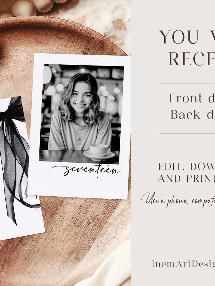 Coquette Black Bow 17th Invitation, Editable Seventeenth Birthday Party Invite, DIY Digital Black Ribbon, Cheers to Seventeen Invite