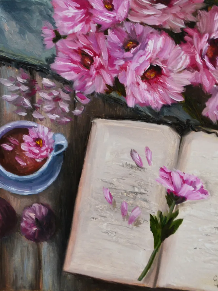 Book and Flowers Still Life Painting Original Art Floral Art Romantic Still Life Painting Cup of Tea Still Life Flowers Art Oil 12 by 12