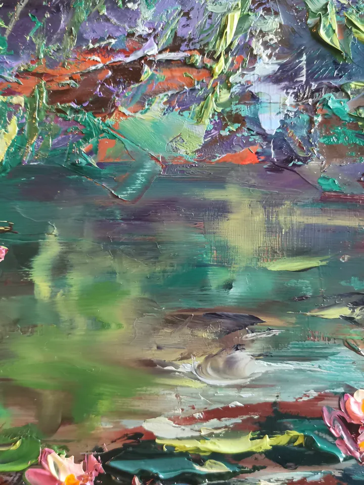 Water Lilies Pond Original Impasto Art Oil Painting Beach Artist Svinar Oksana