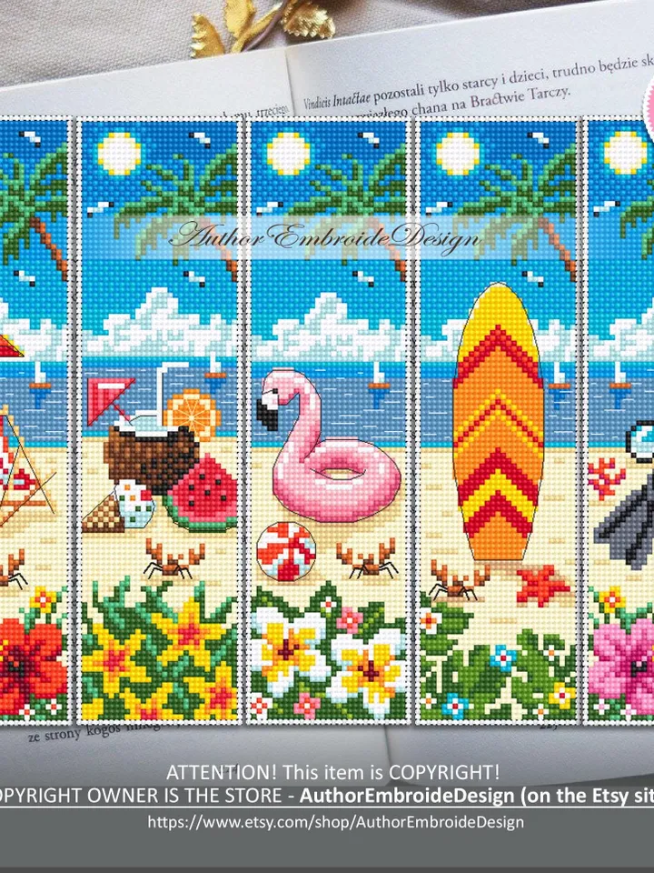 Beach bookmarks cross stitch pattern PDF download Summer cross stitch chart, Summer bookmark set pattern digital PDF Beach life Hawaii #B436