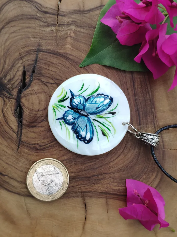 Pearl pendant necklace: Elegant Blue Butterfly hand painted on shell pendant • Unique dainty handcrafted jewellery • Stylish aesthetic gift