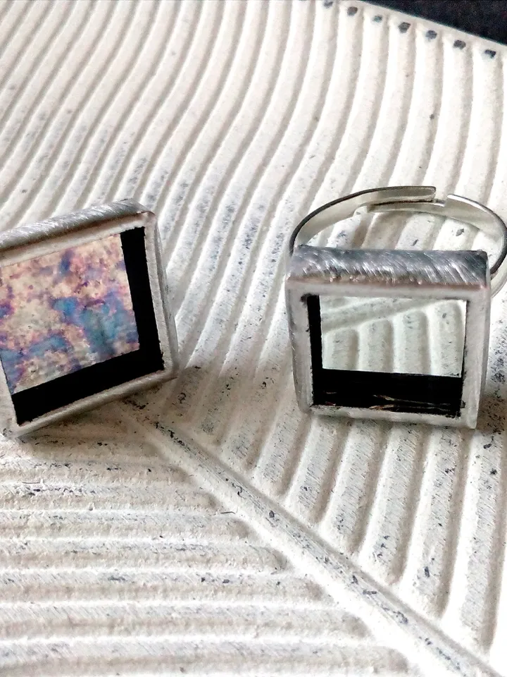 Mirror ring, squar ring, simple stained glass, tin soldered glass ring, old amalgam, scrying mirror ring, glass ring