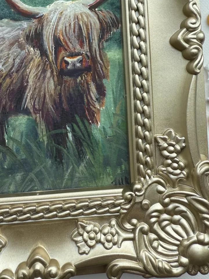 Framed Cow Gouache Painting Original Young Calf Art Framed Animals Decor Dark Cottagecore Art