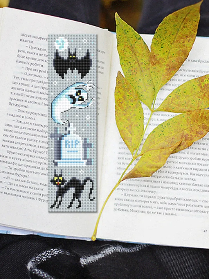 Halloween bookmark cross stitch pattern PDF download Ghost cross stitch chart, Handmade bookmark pattern digital, Black cat embroidery #B219