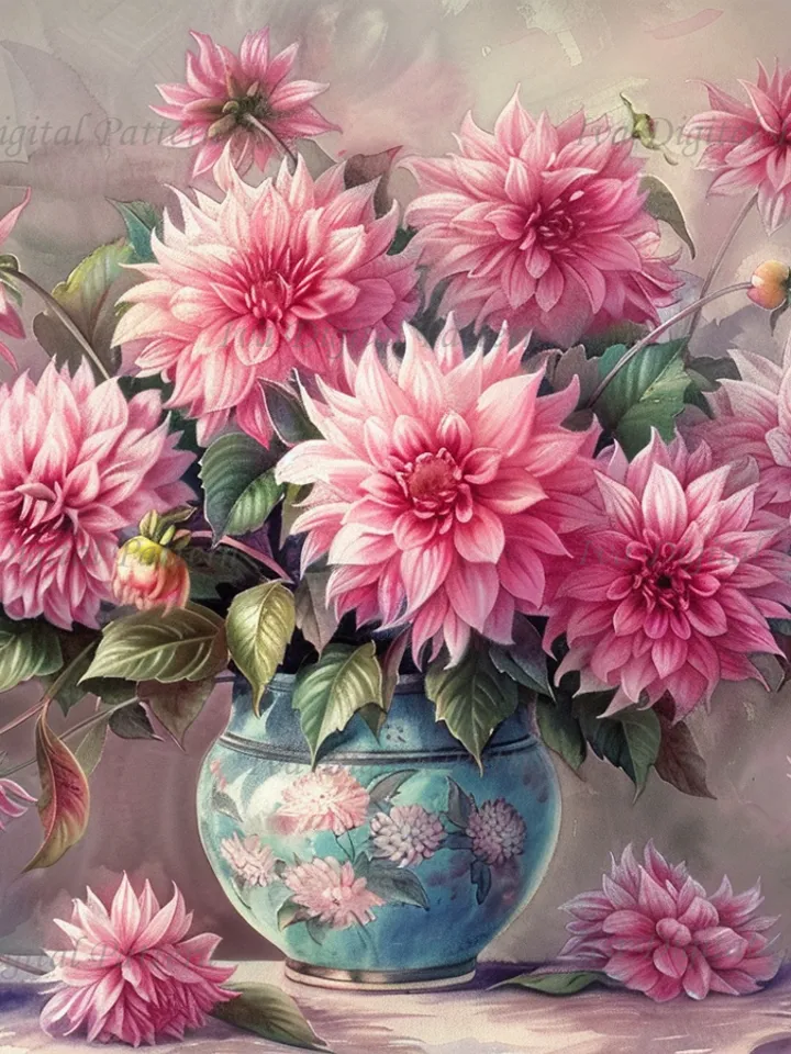 Bouquet of pink dahlias in a vase watercolor drawing, digital illustration, digital painting , wall art decoration. AI