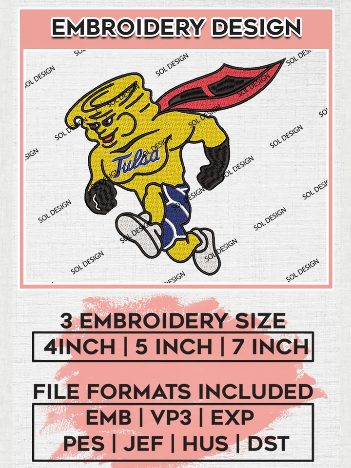 Tulsa Golden Hurricane Team Mascot Logo Embroidery Design Files, NCAA Tulsa Golden Hurricane Machine Embroidery, NCAA Teams, 3 sizes, NCAA Machine embroidery designs, Digital Download