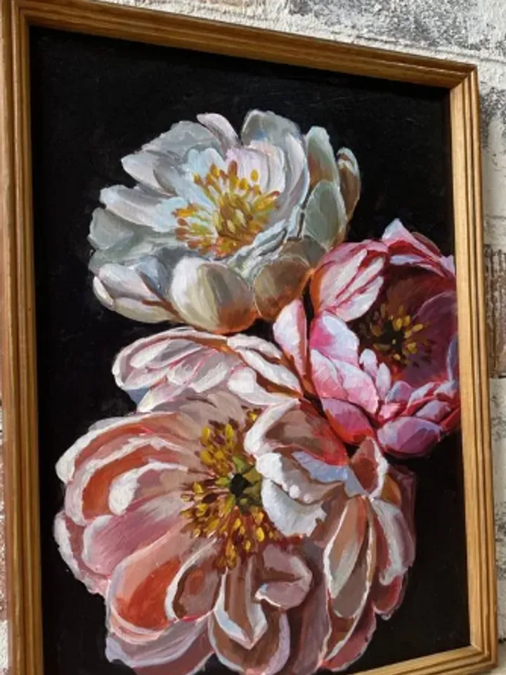 Painting on canvas "Three peonies", acrylic, size 30 x 40 cm