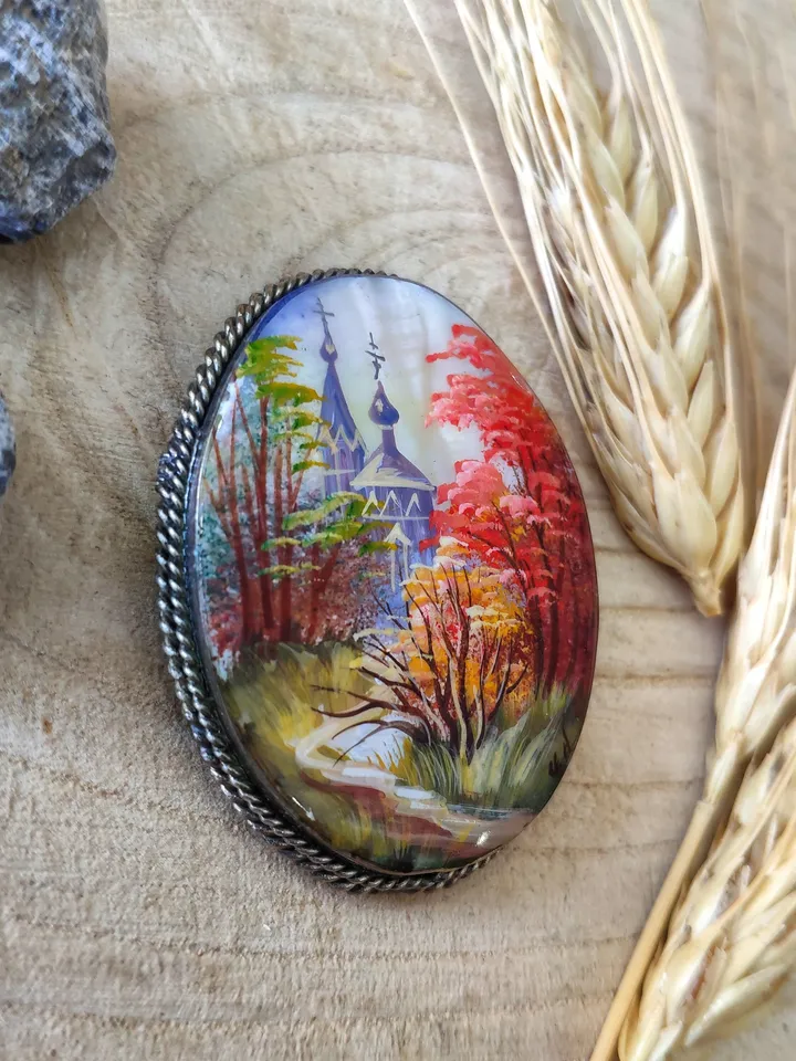 Brooches for women: Village Church in fall season Forest painted on aesthetic brooch • Dainty handmade jewelry • gorgeous pin for dress