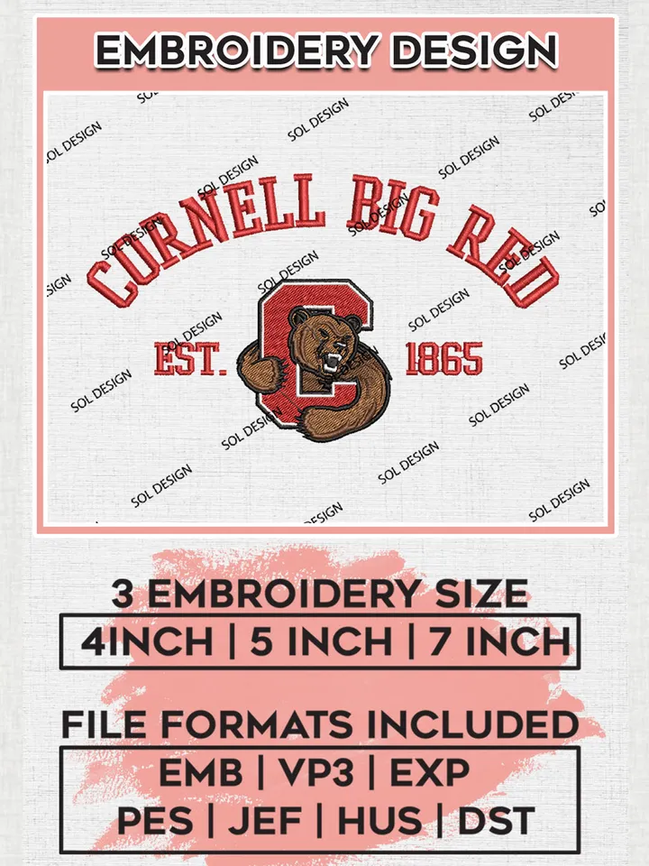 Cornell Big Red Est 1865 Embroidery Designs, NCAA Cornell Big Red Team Embroidery, NCAA Team Logo, 3 sizes, Machine embroidery Files, Digital Download