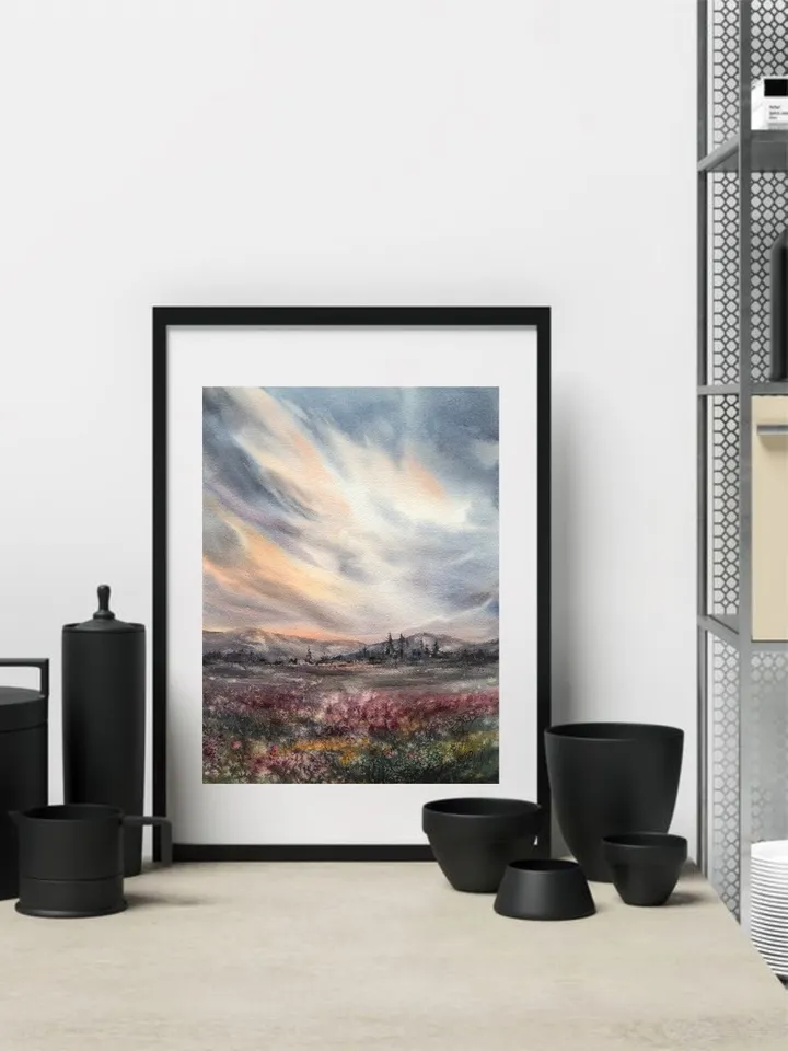 Field Painting Original Watercolor Painting Sunset Painting Landscape Wall Art Sky Painting