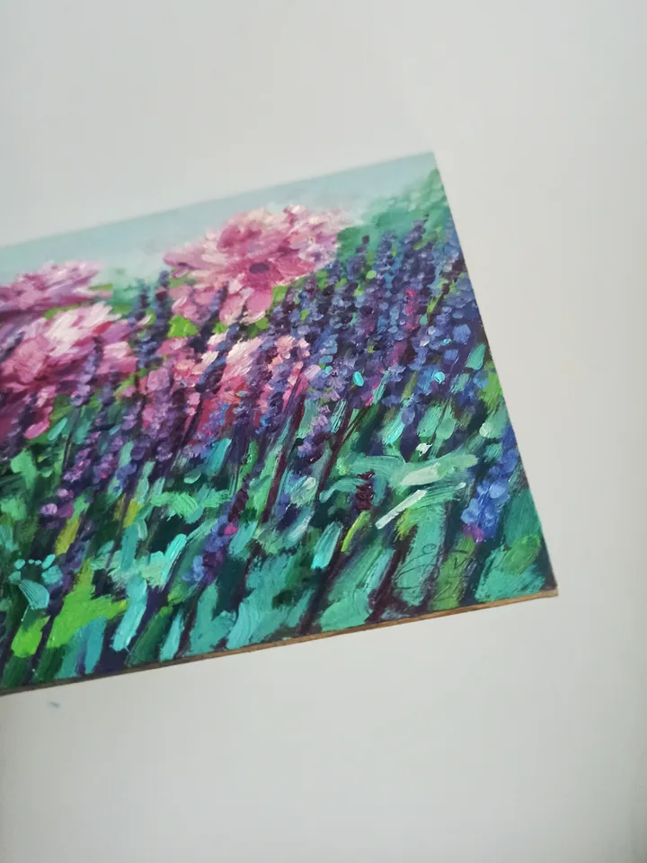 Sage and Peonies, Garden flowers, Original oil painting on art cardboard 18x24cm