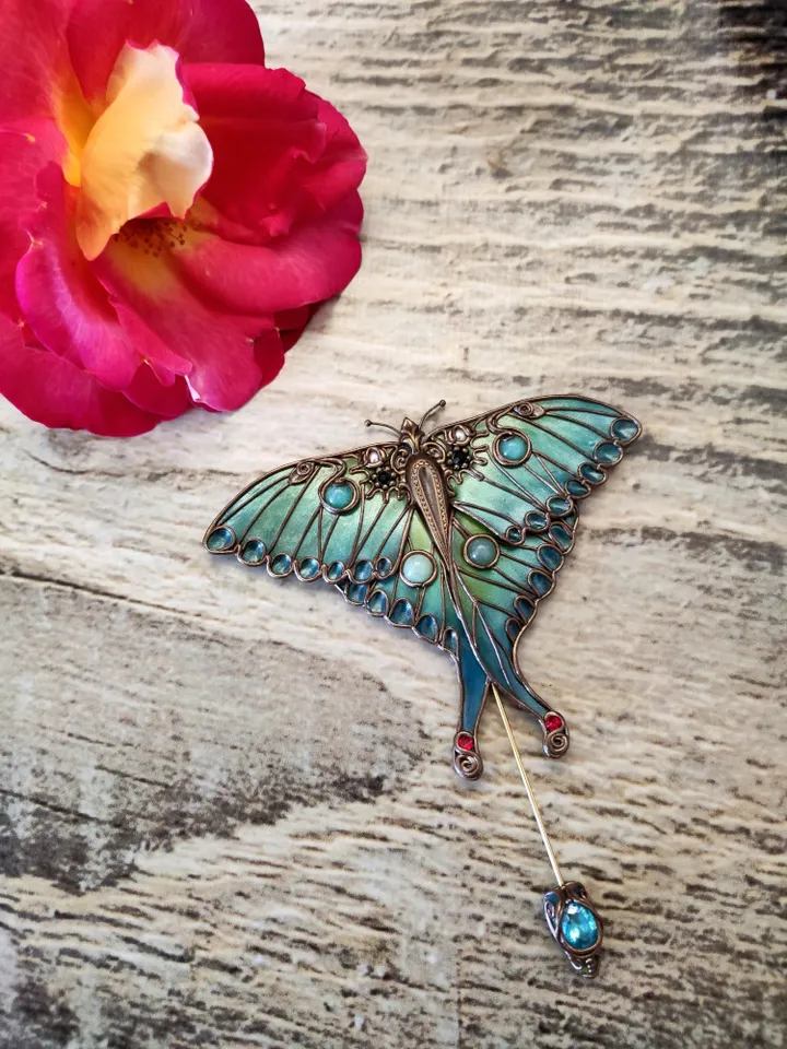 Brooch Moon Moth, turquoise butterfly, green butterfly, large butterfly, insect