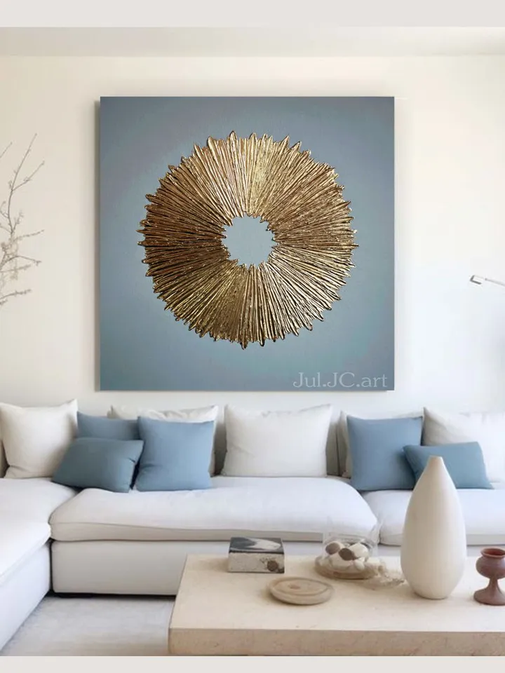 Gold and Gray Abstract Wall Art Textured Original Painting Gold Sun Wall Art | Modern artwork Above couch decor