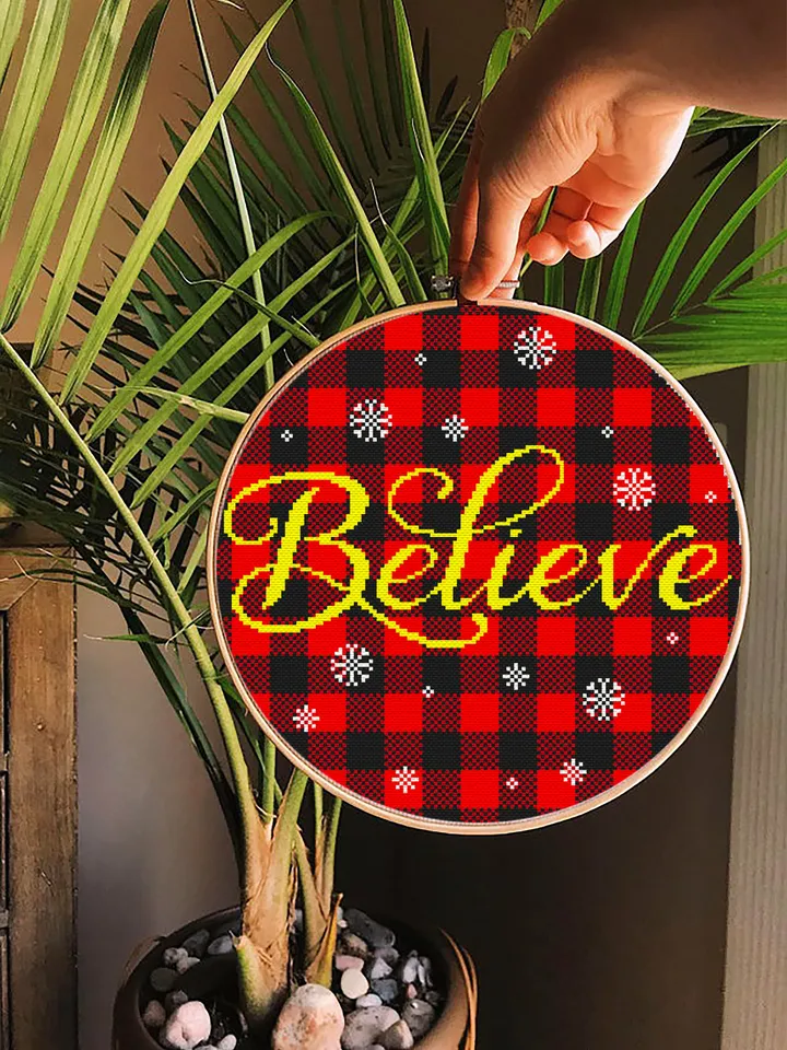 Buffalo plaid cross stitch pattern download PDF Believe Christmas cross stitch chart Merry Christmas pattern digital Holiday ornament #N34